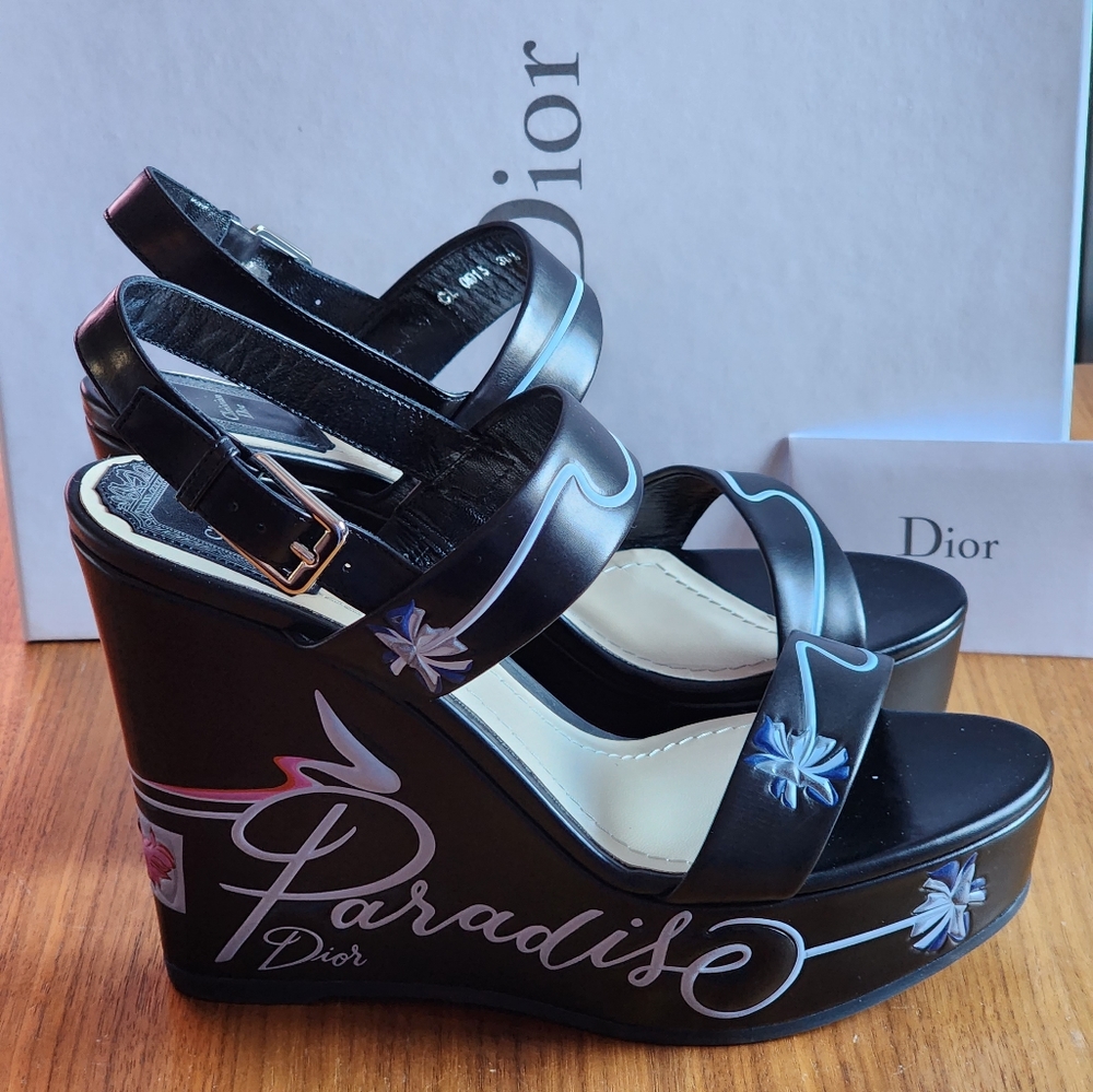 New 100% Auth Dior Paradise Leather Womens Platform Sandals Black